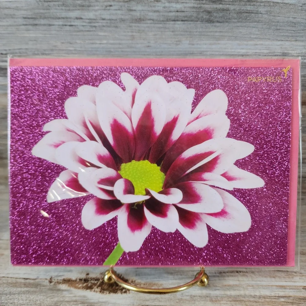 Papyrus Blank Greeting Card Pink Glitter Purple White Flower 11026710 NEW